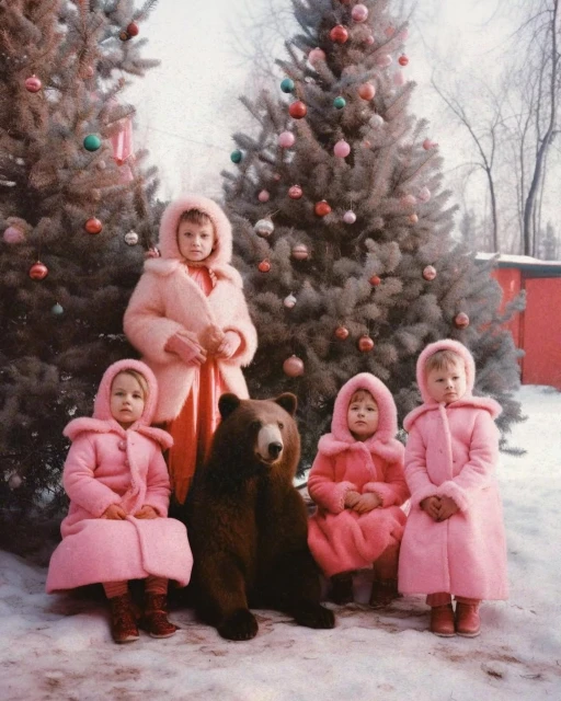 Group of children in pink coats with a bear toy in a snowy outdoor setting near Christmas trees with decorations, creating a festive scene.