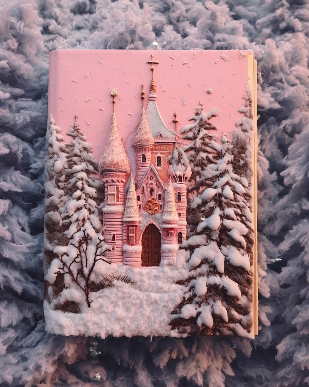 Whimsical book cover art: snow-covered castle and pine trees create a wintry, fairytale scene with a dreamy, pink-toned aesthetic.