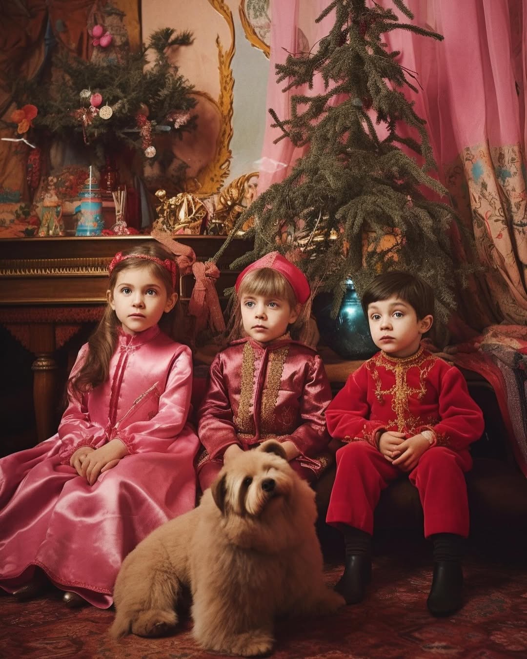 Three young children in vintage-inspired formal attire pose with a fluffy dog in an indoor setting with Christmas tree and décor.
