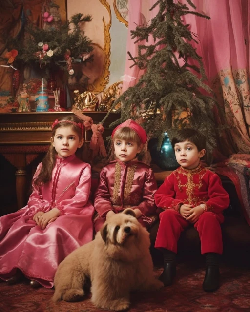Three young children in vintage-inspired formal attire pose with a fluffy dog in an indoor setting with Christmas tree and décor.