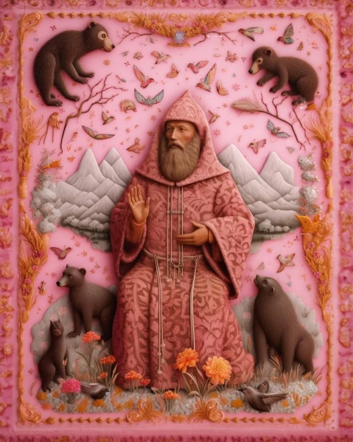 Digital art of a bearded man in a pink robe surrounded by bears, birds, flowers, and mountains in a highly detailed decorative scene.