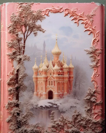 Ornate book cover featuring a detailed illustration of a castle with spires, framed by decorative floral elements and a snow-covered landscape.