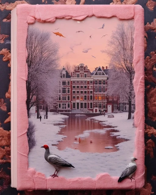 Winter scene with buildings, water, and snow-covered trees, framed by a pink border featuring two birds, creating a picturesque, collage-like image.