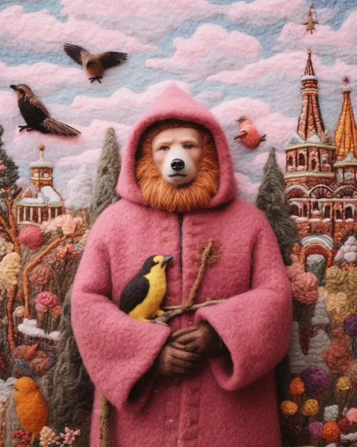 Surreal felted artwork with a bear-headed figure in a pink robe, a yellow bird, and background with buildings and a cloudy sky.