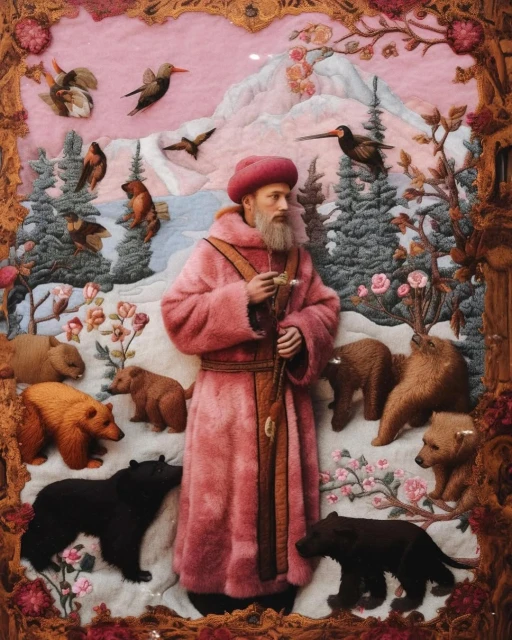 Detailed AI artwork features a bearded man in a pink robe surrounded by bears and birds against a mountain backdrop, framed decoratively.