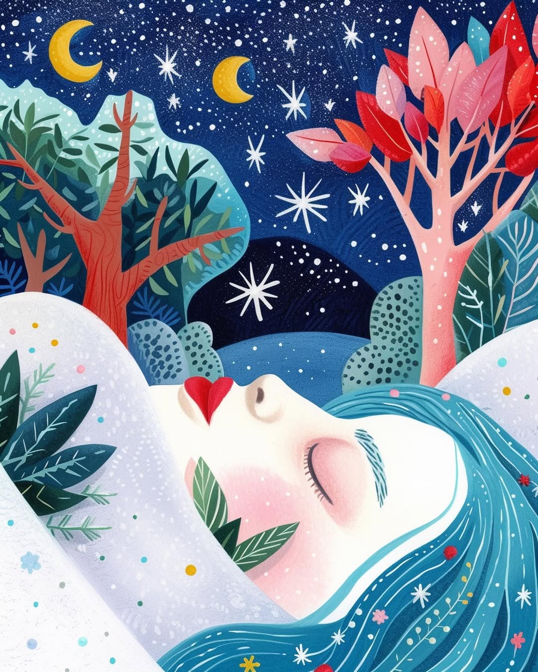 Illustration of a sleeping woman with blue hair under a starry sky with crescent moons, surrounded by trees with vibrant red and green leaves.