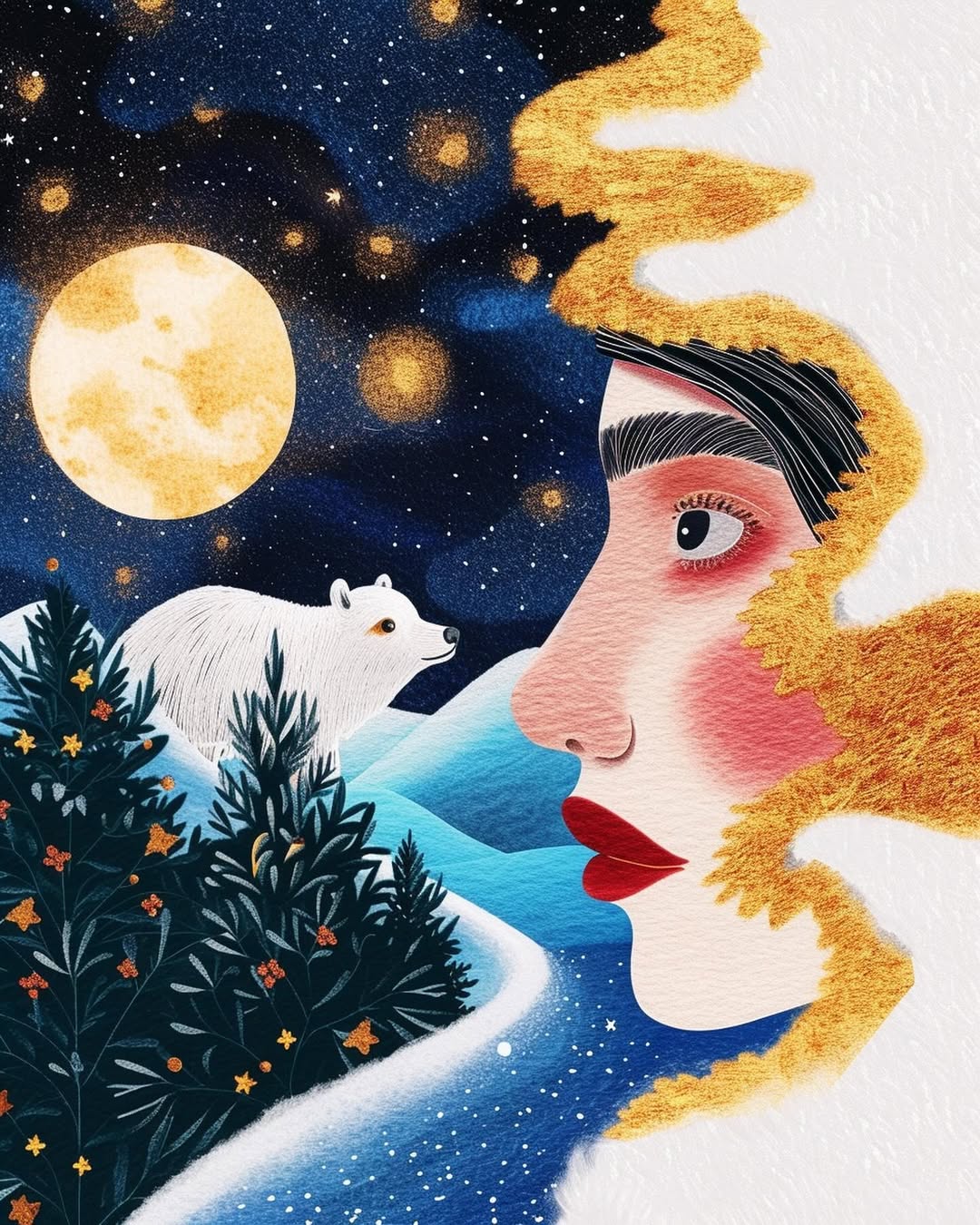 Artistic portrait of a woman in profile with golden hair, a polar bear in a snowy, starry landscape, and a full moon illustration.