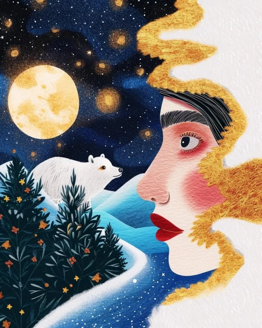 Artistic portrait of a woman in profile with golden hair, a polar bear in a snowy, starry landscape, and a full moon illustration.