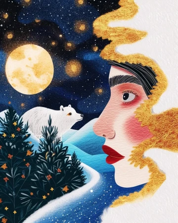 Artistic portrait of a woman in profile with golden hair, a polar bear in a snowy, starry landscape, and a full moon illustration.