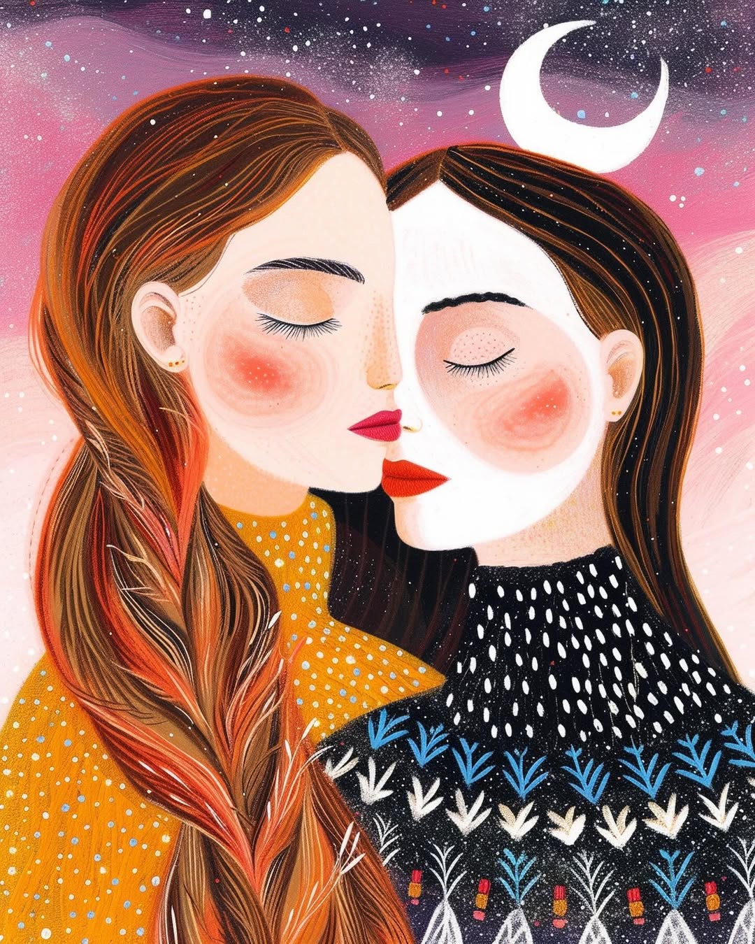 Illustration of two women with closed eyes, one with half of her face painted white, against a starry sky with a crescent moon.
