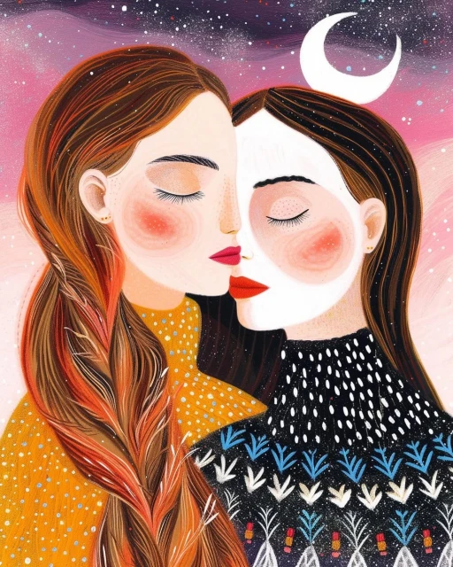 Illustration of two women with closed eyes, one with half of her face painted white, against a starry sky with a crescent moon.