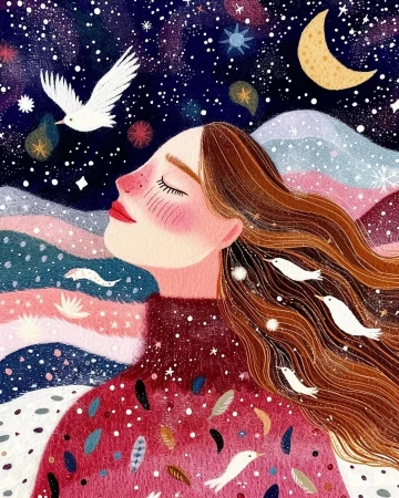 Illustration of a person's face and upper torso in profile, with a bird, stars, and crescent moon against a dark blue sky.