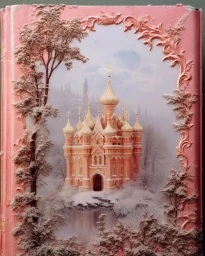 Ornate pink book cover featuring a raised relief frame with golden onion-dome castle in a snowy landscape by Hilda The Great.