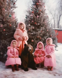 Four children in pink hooded coats posing in the snow with a brown bear in front of decorated Christmas trees