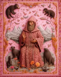 An ornately decorated pink panel featuring a bearded man in robes surrounded by brown bears, birds, and intricate botanical framing.