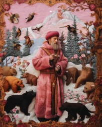 Man in pink fur coat standing among bears and birds in a snowy landscape within an ornate wooden frame