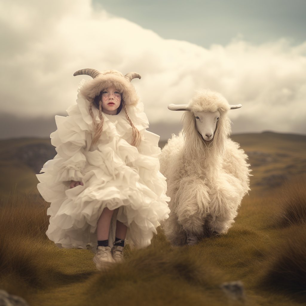 A young child wearing a white ruffled dress and horned hat stands in a grassy field next to a sheep under a cloudy sky.