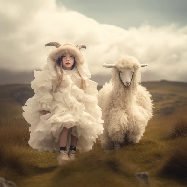 A young child wearing a white ruffled dress and horned hat stands in a grassy field next to a sheep under a cloudy sky.
