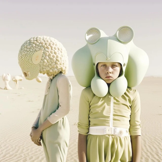 Two children in surreal alien-like costumes and headwear stand in a sandy desert landscape with pale lighting, creating a whimsical, otherworldly scene.