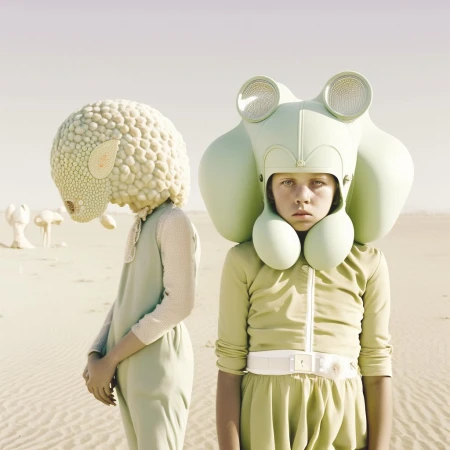 Two children in surreal alien-like costumes and headwear stand in a sandy desert landscape with pale lighting, creating a whimsical, otherworldly scene.