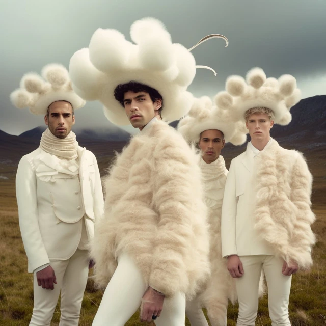 Four men wearing matching white outfits and large cloud-like hats, posing outdoors in a grassy field with mountains in the background.