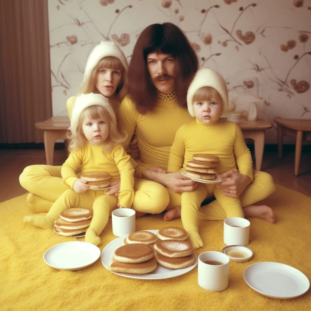 Four people, two adults and two children, all wearing yellow outfits and white hats, sitting together holding plates of pancakes indoors.
