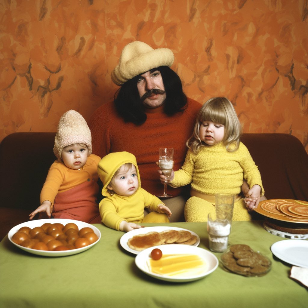 Man with long hair and mustache sits at a table with three children, pancakes, tomatoes, and glasses of milk in an indoor setting.