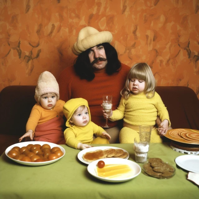 Man with long hair and mustache sits at a table with three children, pancakes, tomatoes, and glasses of milk in an indoor setting.