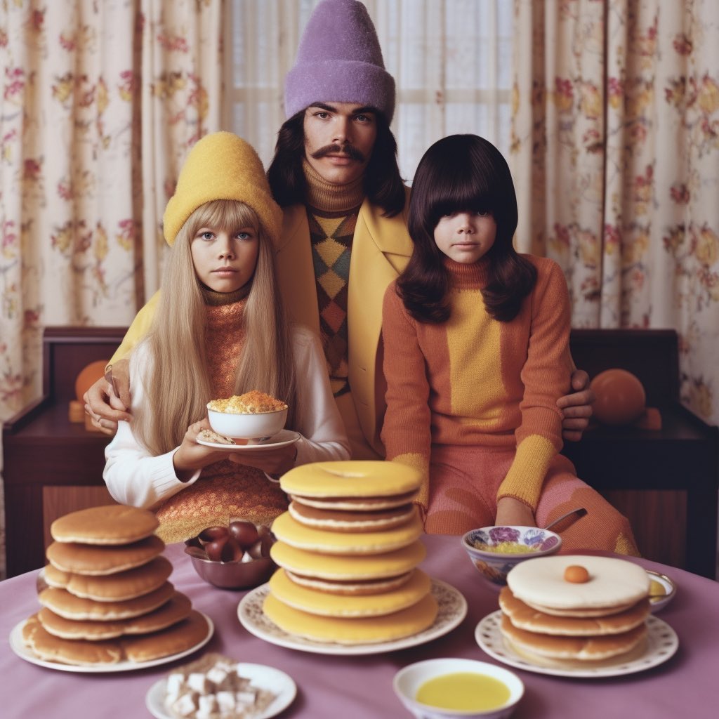 Family of three wearing colorful hats sit at a table covered with pancakes and small bowls in an indoor setting with floral curtains.
