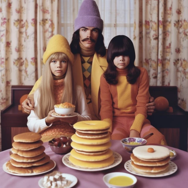 Family of three wearing colorful hats sit at a table covered with pancakes and small bowls in an indoor setting with floral curtains.