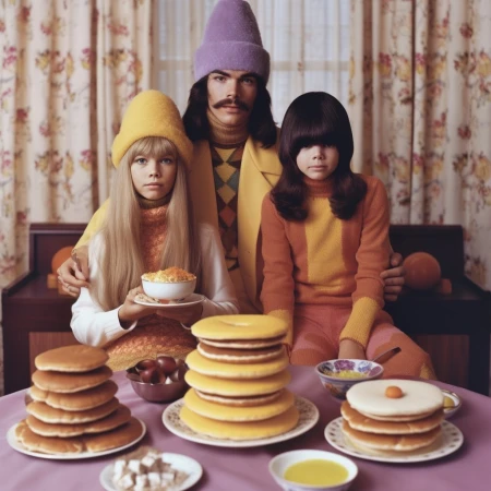 Family of three wearing colorful hats sit at a table covered with pancakes and small bowls in an indoor setting with floral curtains.