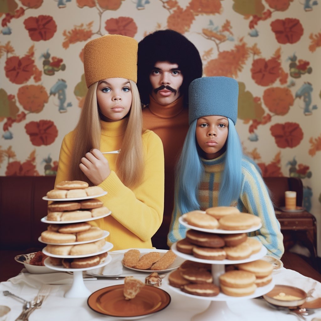 Three people in retro-inspired fashion with tiered cake stands of cookies, posed indoors with floral wallpaper in the background.