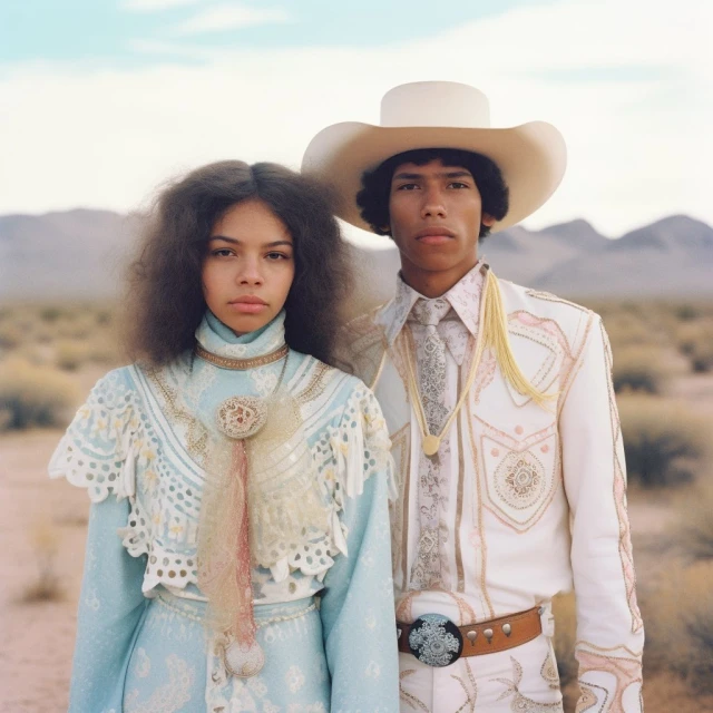 Portrait of a woman and man in Western-style clothing with embroidered detail, posing outdoors in a desert landscape under a bright sky.