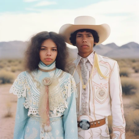 Portrait of a woman and man in Western-style clothing with embroidered detail, posing outdoors in a desert landscape under a bright sky.