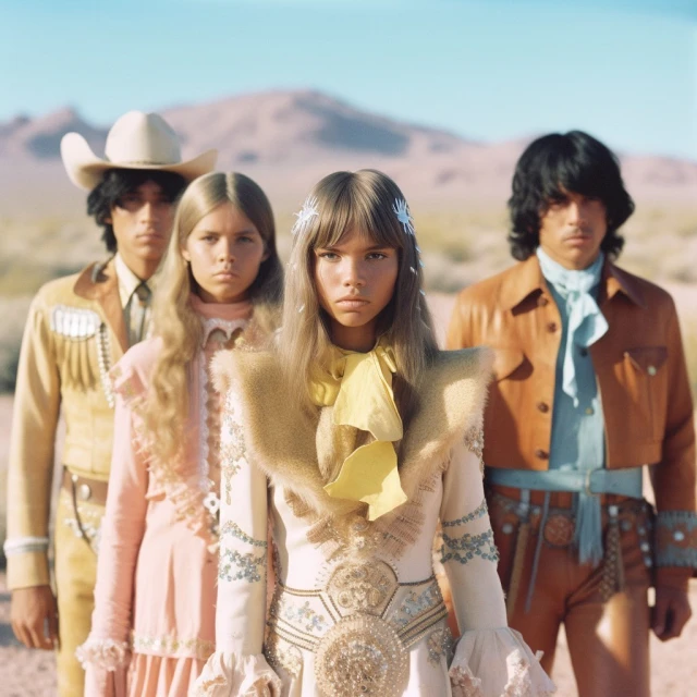 Four people stand in the desert wearing old-fashioned cowboy-style clothing with embroidered details, looking directly at the camera.