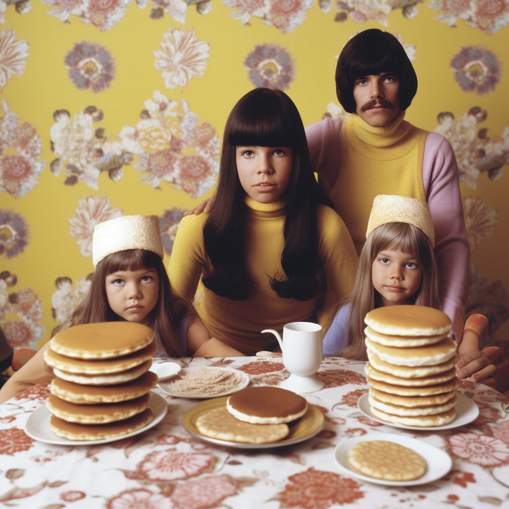 A family of four poses indoors with stacks of pancakes on a floral-patterned table, featuring a yellow floral wallpaper backdrop.