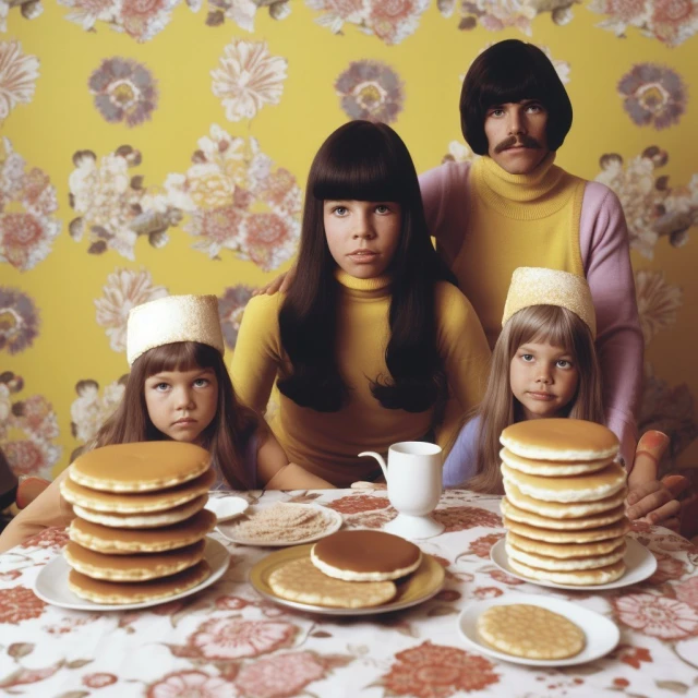 A family of four poses indoors with stacks of pancakes on a floral-patterned table, featuring a yellow floral wallpaper backdrop.