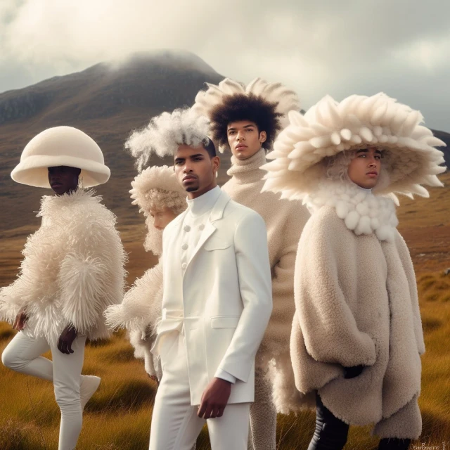Several people in unique, all-white outfits stand in a field with a mountain backdrop, creating a surreal fashion editorial scene.