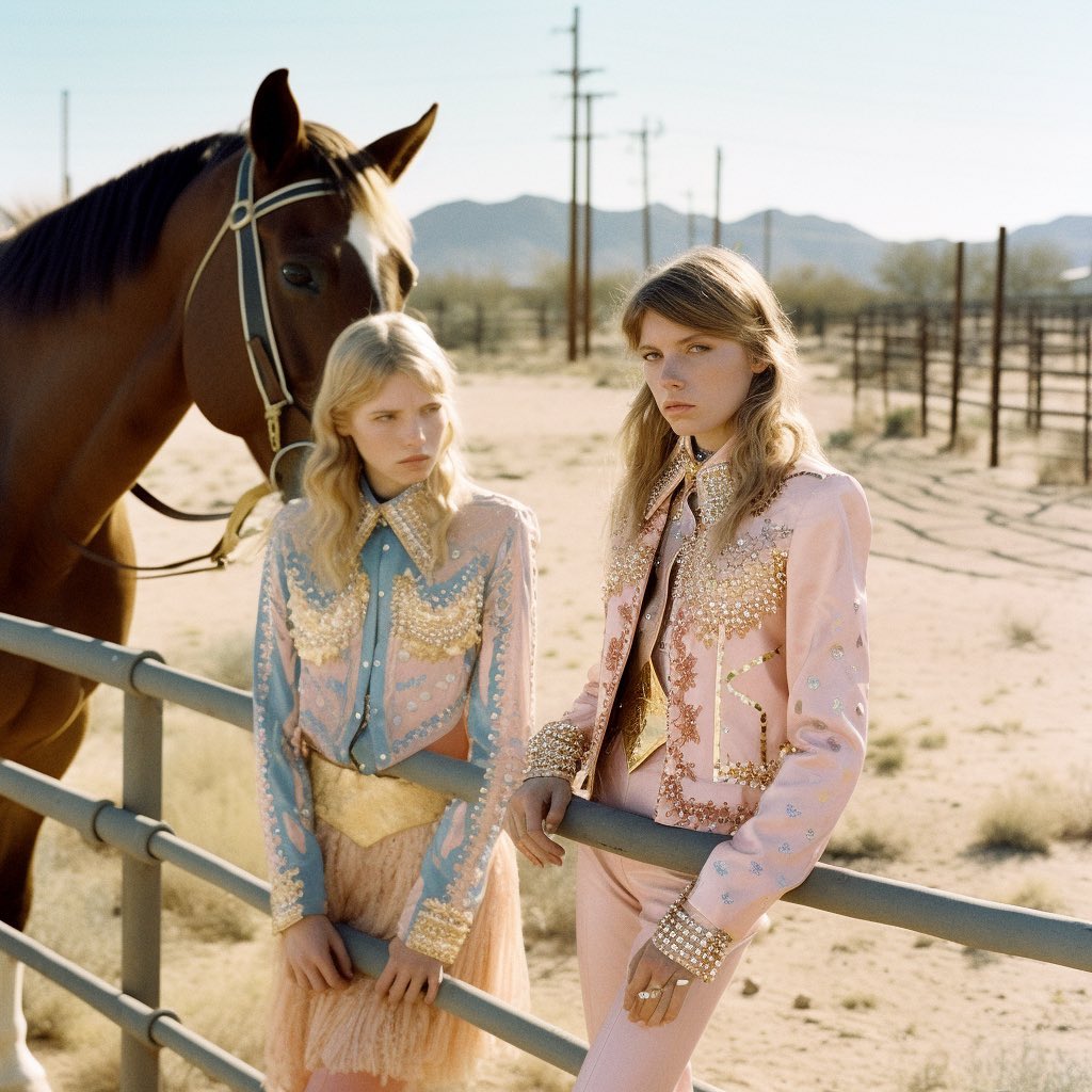 Two women in western wear pose with a brown horse in an outdoor desert setting. The women wear beaded shirts and skirts, and a jacket and pants.