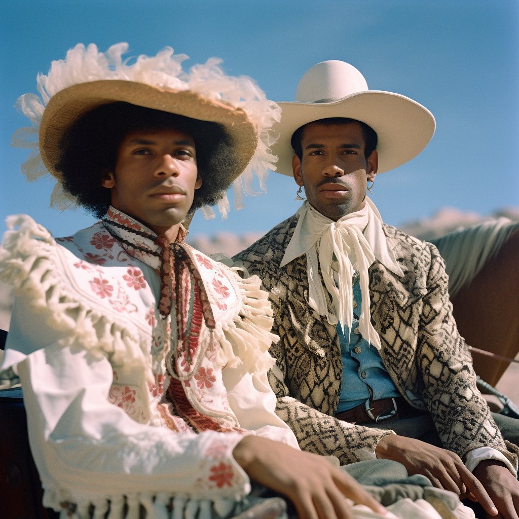 Two men in Western-style attire are seated outdoors in daytime. One wears a feather-trimmed hat; the other a white cowboy hat.