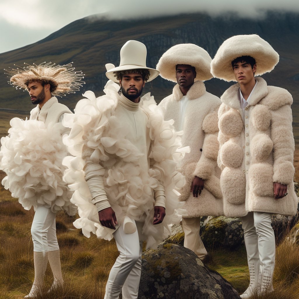 Four men in white outfits pose in a field with mountains in the background. They wear hats and elaborate, Avant Garde clothing.