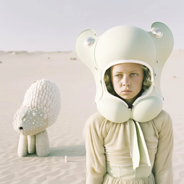Young girl in futuristic headgear stands in a desert, with a stuffed animal-like toy beside her on the sand in daylight.