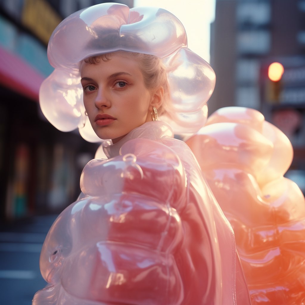 A woman in a pink inflatable garment poses on a city street, with neutral makeup and fair skin, showcasing a whimsical fashion concept.