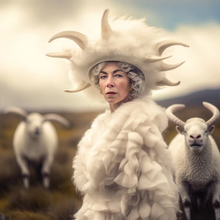 Elegant woman in a white, fluffy costume with horn-like embellishments stands in a field near two white horned sheep.