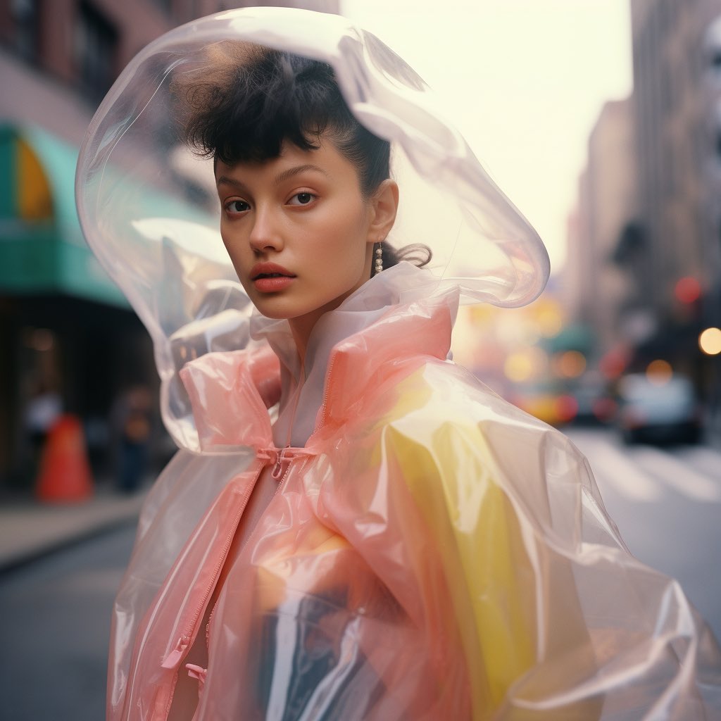 Woman in a transparent hooded raincoat stands on a city street with blurred buildings and a traffic cone in the background.
