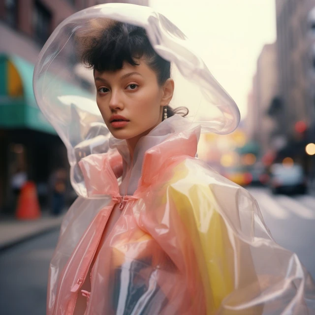 Woman in a transparent hooded raincoat stands on a city street with blurred buildings and a traffic cone in the background.