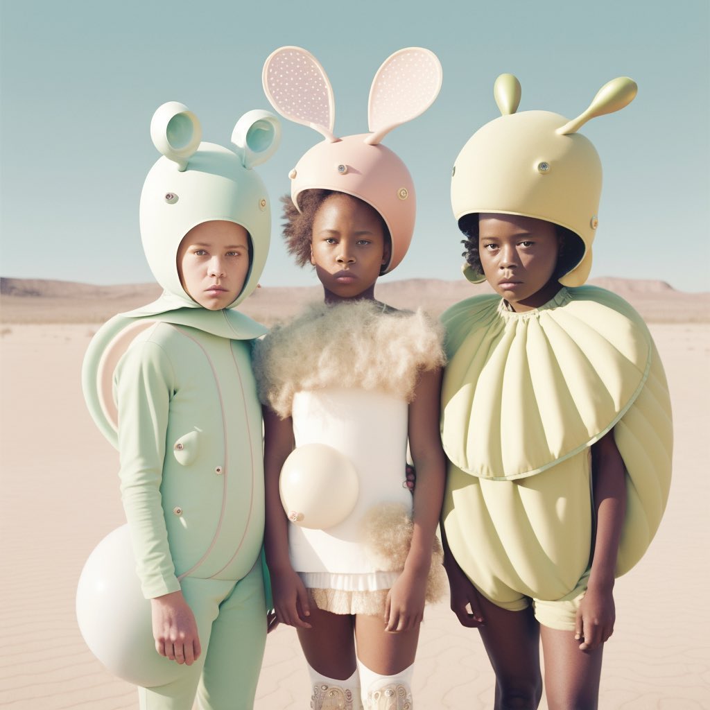 Three children in whimsical costumes pose in a desert landscape, featuring pastel shades of green, pink, and yellow against a blue sky.