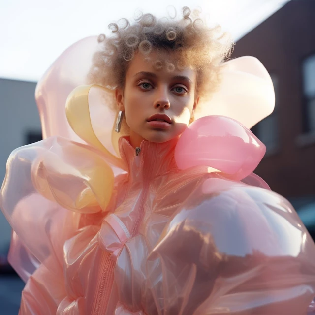 Fashion photo of a woman with blonde curly hair wearing a pink and yellow translucent ruffled jacket, standing outside on a city street.