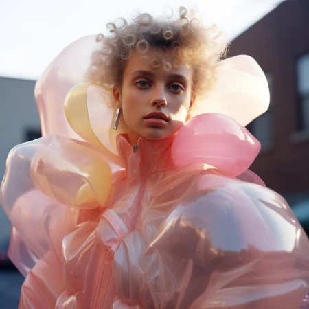 Fashion photo of a woman with blonde curly hair wearing a pink and yellow translucent ruffled jacket, standing outside on a city street.