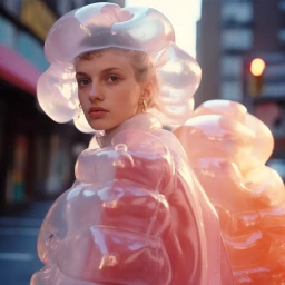 A woman wearing a translucent pink inflatable bubble headpiece and matching outfit standing on an urban street.